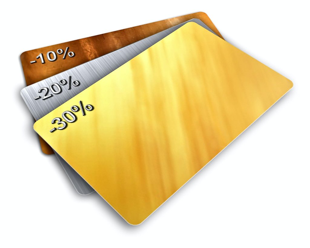 A set of discount cards with gold, silver and bronze
