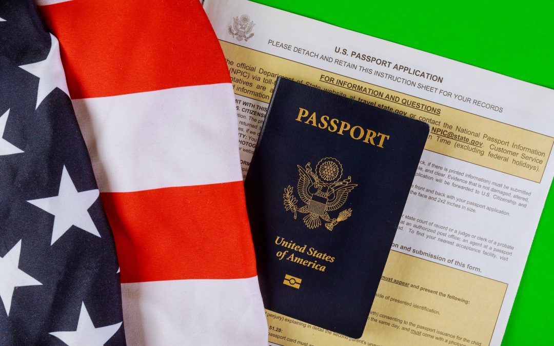 Applying form New Passport for U.S. passport application, flags of USA lying at passport