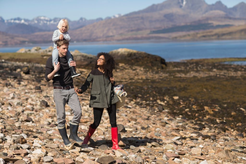 Family on walk, man carrying son on shoulders, Loch Eishort, Isle of Skye, Hebrides, Scotland