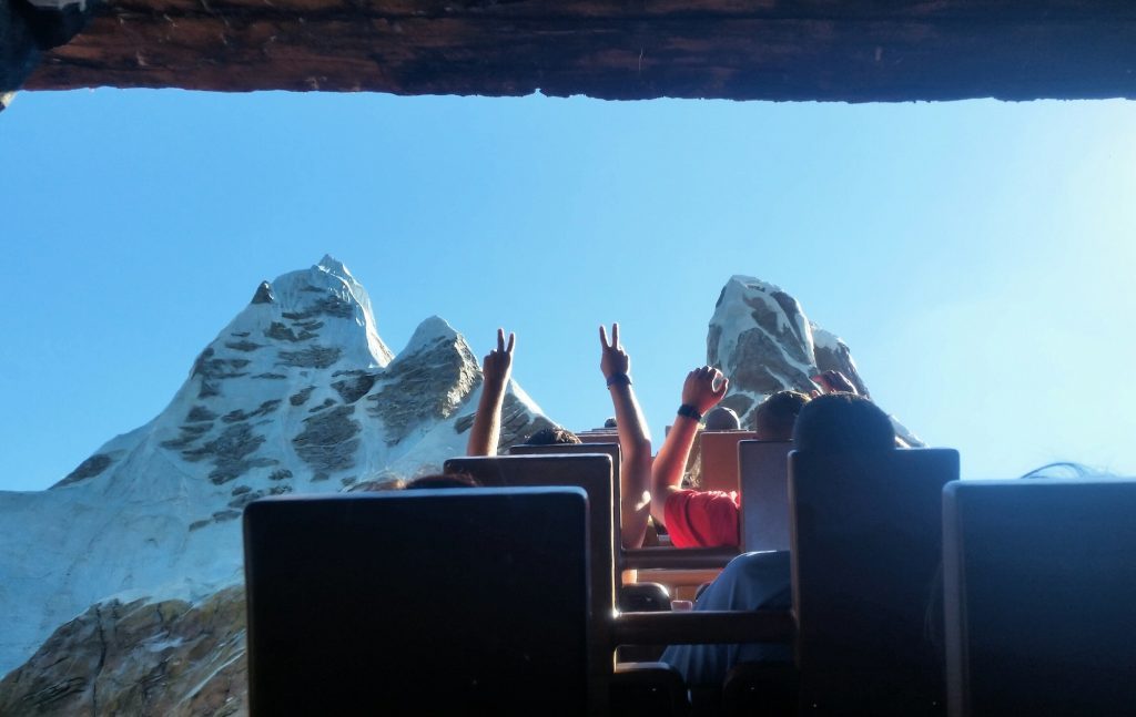 People on rollercoaster ride at Disney world scream and hold up hands at the top.