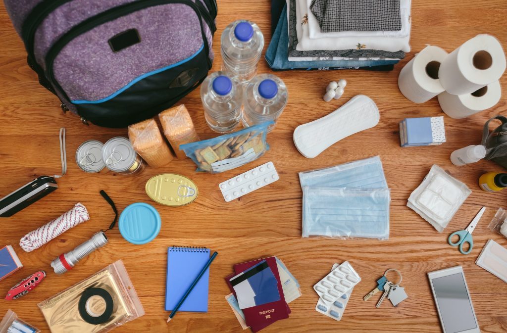 Top view of emergency backpack preparations