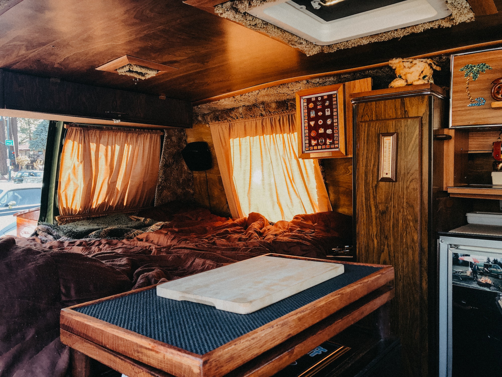 Van interior with bed and table