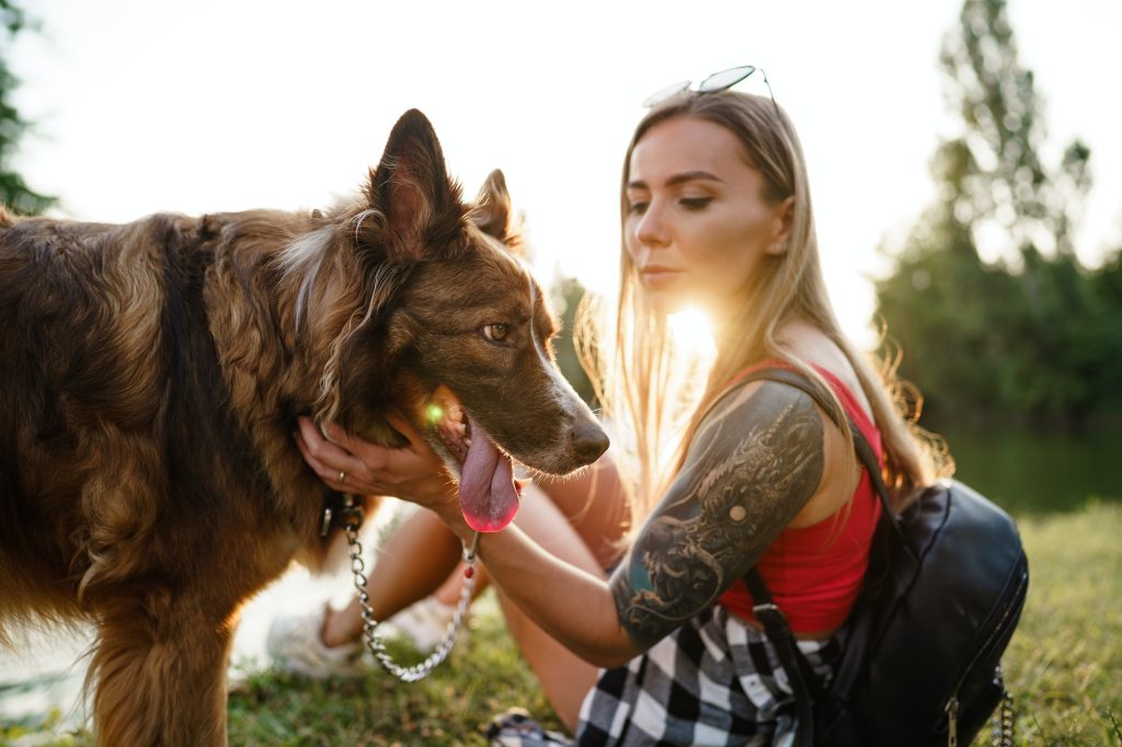 Young beautiful woman petting her cute dog in park
